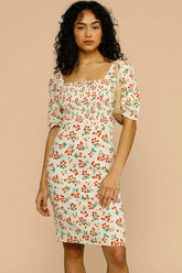 Robe mi-longue à manches bouffantes et imprimé cerises vintage - Crème